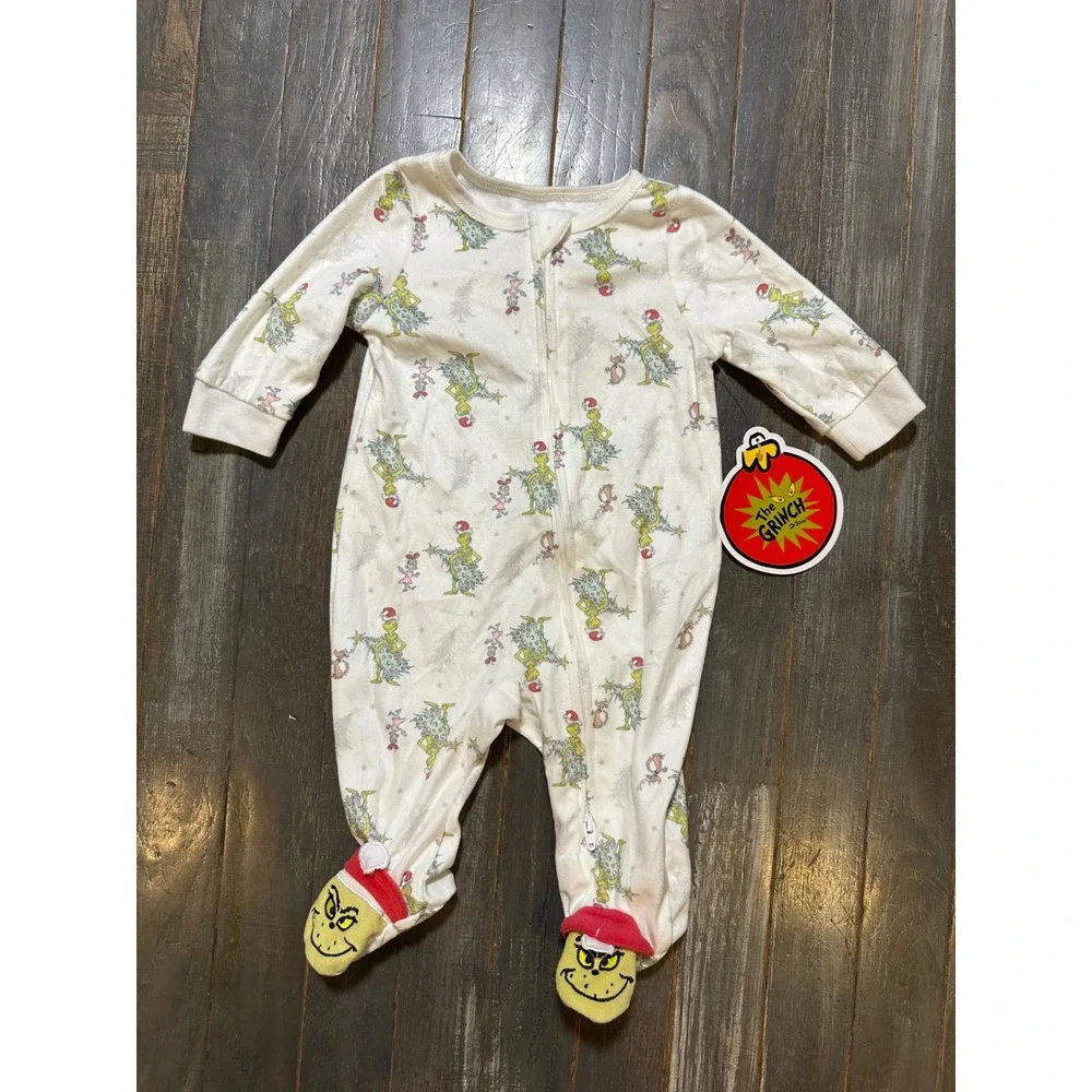 Dr Seuss The Grinch Infant Footed Sleeper Pajamas White Green 0-3M Christmas